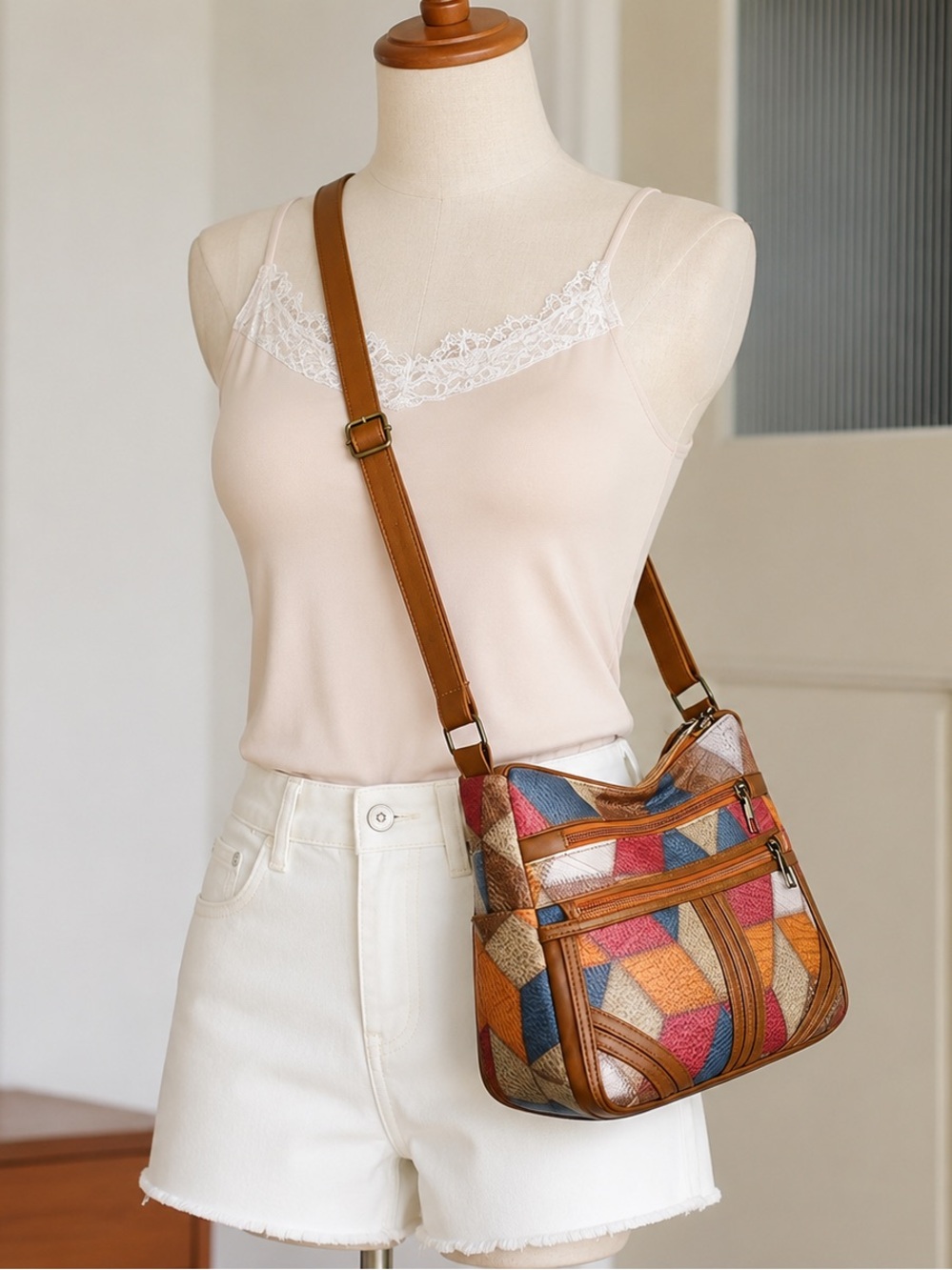 Multicolor Patchwork Crossbody Bag with Brown Trim